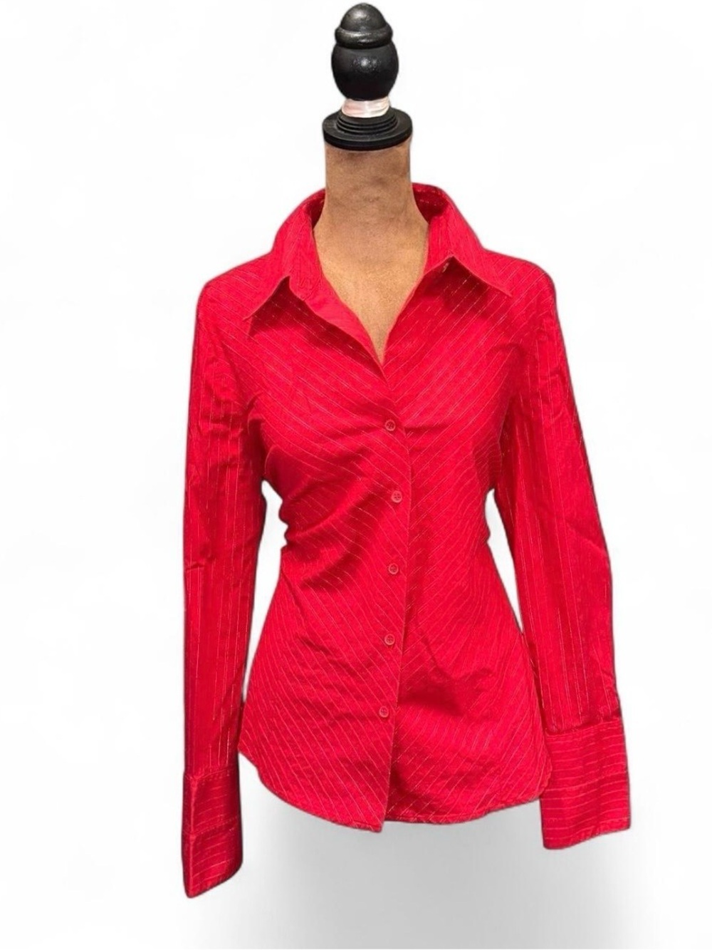 Women's Red Button-Front Collared Shirt 12 Pinstriped Sparkle Blouse